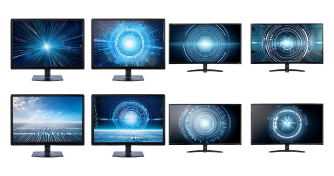 Multiple Modern Computer Monitors Displaying Dynamic Technology Visuals, Bundle Set Collection, Isolated on Transparent Background