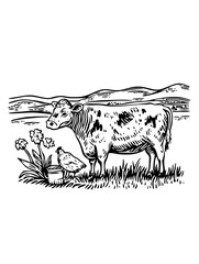 Vector engraved illustration depicting a cow and a chick in a rural landscape with flowers and hills in the background