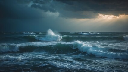 Obraz premium Ocean waves crash under dark cloudy sky. Teal water surface swells and crests into white spray during stormy day.