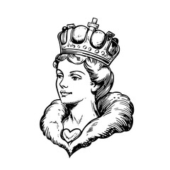 Elegant vector engraved illustration of a queen wearing a crown adorned with jewels and a fur collar