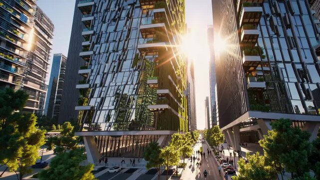 Sunlight illuminates a futuristic cityscape featuring innovative architecture, green walls, and a bustling street filled with pedestrians and vehicles
