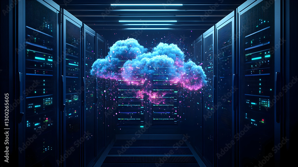 Aufkleber glowing cloud formation above server racks representing cloud computing technology