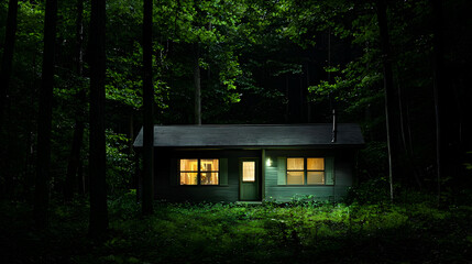 Secluded Wooden Cabin Illuminated At Night In Dense Green Forest With Glowing Windows