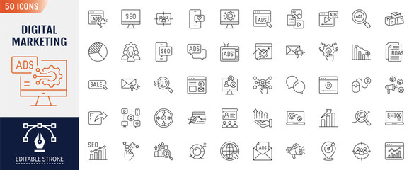 Digital marketing line icon set. Editable stroke. Containing as seo, content, website, social media, sales and online advertising and more. Vector illustration