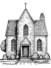 Fototapeta premium Vector engraved illustration of a quaint church with stained glass windows and surrounding shrubbery