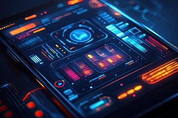 Futuristic Smartphone Interface with Neon Lights and Data Visualizations