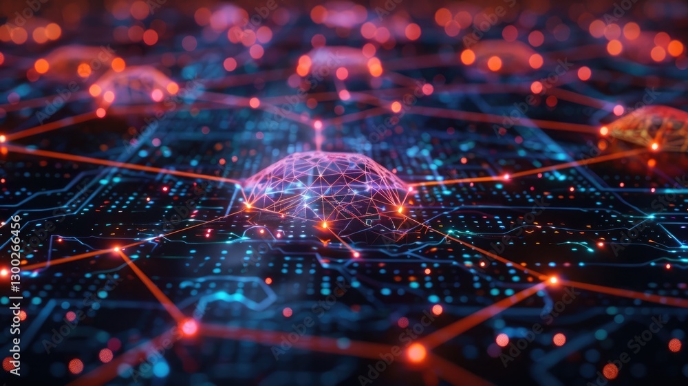 Poster this image features a 3d model of digital coins interconnected in a vibrant network, showcasing tech