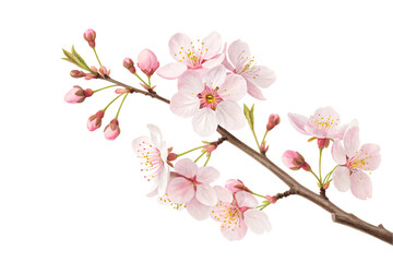 A harmonious cluster of cherry blossoms with vibrant green leaves and tender pink buds, symbolizing life’s transient beauty and the promise of growth, isolated on a transparent background