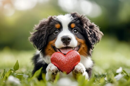 Ad campaign furry friend idea. Bernese mountain dog - my treasured dog, symbol of friendship. Cute bernese mountain dog hound with sparkling rhinestones red heart on a walk in a spring garden.