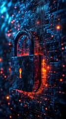 Digital lock symbolizing cybersecurity in a futuristic high-tech environment with glowing circuit patterns