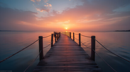 Obraz premium Golden Sunset Over Calm Lake Horizon with Long Wooden Pier | Stunning Tranquil Water Landscape Scene with Ropes and Posts