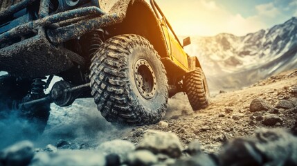 Rugged Truck Climbing Rocky Terrain at Sunset