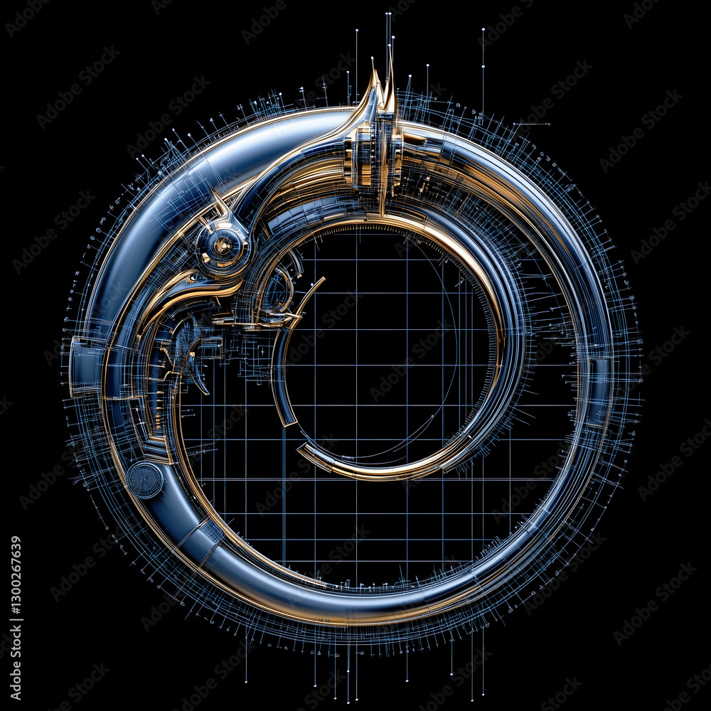 Poster futuristic mechanical structure with intricate cyberpunk blueprint design