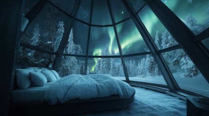 Fototapeta premium Aurora Borealis Viewed From Cozy Glass Igloo Bedroom