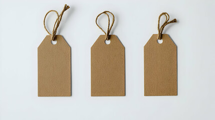 Three Blank Brown Paper Tags With Rope Strings Against A White Background Overhead Shot
