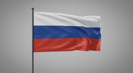 Fototapeta premium Russian Flag waving in the wind. National symbol of the Country on gray background. State patriotism and political relations concept with copy space