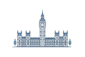 A symmetrical and simplistic monochrome drawing of Big Ben, emphasizing architectural symmetry with structured details, trees, and decorative elements, isolated on a transparent background