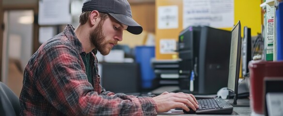 A young man is deeply focused on his work at a computer in a cozy office setting. His casual attire and engaged demeanor reflect a modern workspace atmosphere.
