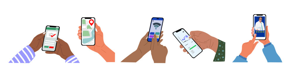 Set of Hands holding smart phone with different mobile apps - online shopping, telemedicine, map, navigation, wi fi, online baking, trading. Vector illustrations isolated