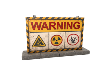 A yellow warning sign, weathered and rust-streaked, features radioactive, biological, and viral hazard symbols, mounted on concrete blocks for an industrial, isolated on a transparent background