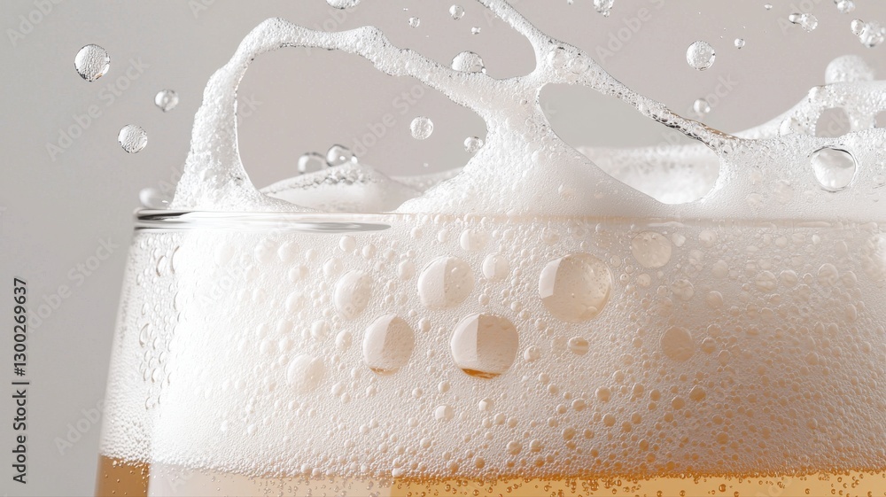 Poster close-up of frothy beer with bubbles, showcasing refreshing splash and texture in a glass. perfect f