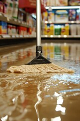 Mop cleaning flooded floor in a shop.