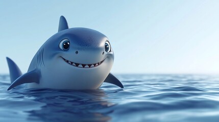 Happy cartoon shark swims ocean