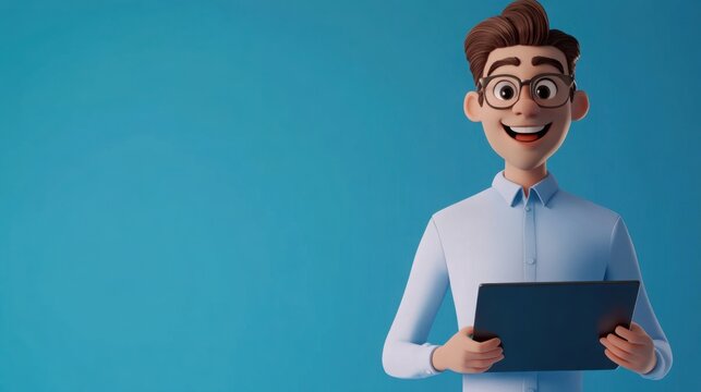 Cheerful 3D cartoon IT specialist with glasses, holding a laptop, standing against a modern blue background