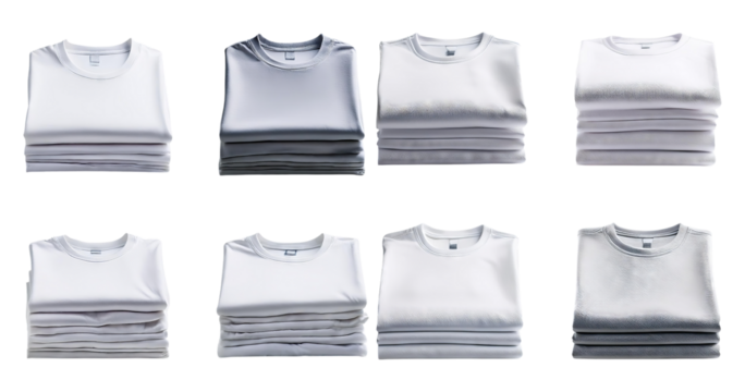 Sleek and Stacked T-Shirts in Various Shades of White and Grey, Bundle Set Collection, Isolated on Transparent Background