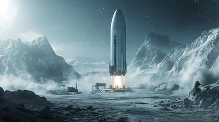A spaceship launching from a futuristic base on the moon.