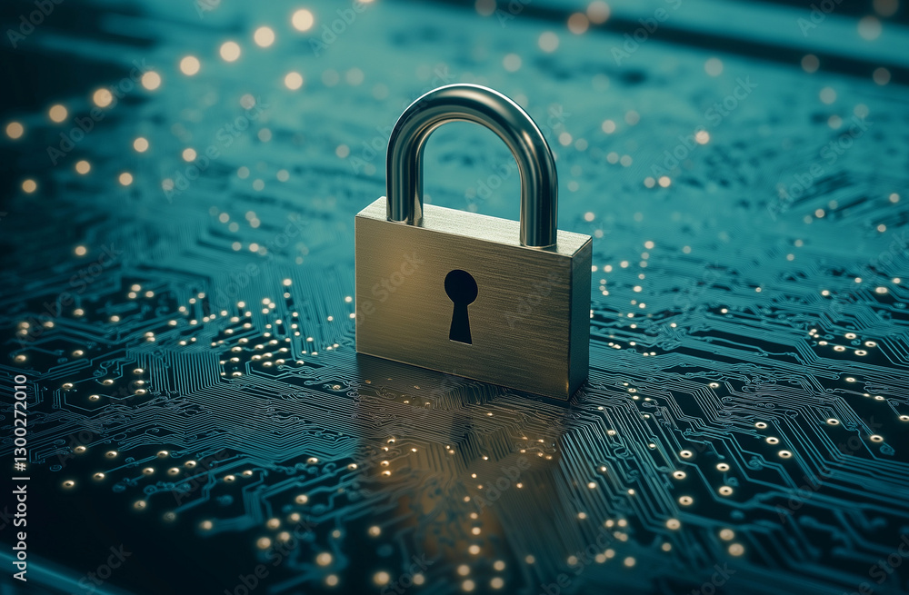 Poster a golden bitcoin coin is placed on top of an open padlock, against the backdrop of computer circuits
