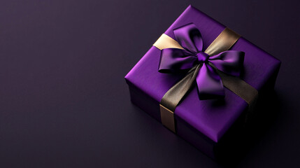Obraz premium Elegant purple gift box with a gold ribbon bow luxury present dark satin shiny royal design wrapped