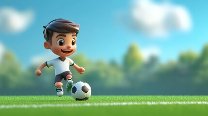 Obraz premium Energetic 3D cartoon soccer player kicking a ball, standing in front of a green sports field background