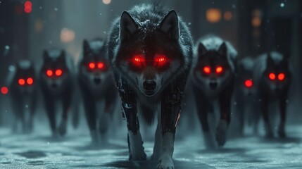 A pack of futuristic wolves with glowing red eyes walking through a misty urban landscape at night