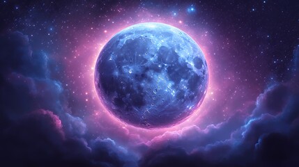 Fototapeta premium Majestic Full Moon Illuminated by a Colorful Cosmic Background of Stars and Clouds