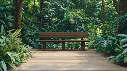 Obraz premium Wooden Bench in Lush Tropical Forest Setting
