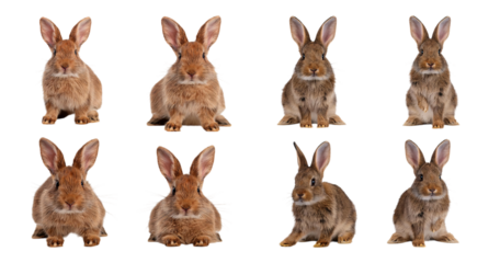 Cute Brown Rabbits Collection on Black Background for Stock Images, Bundle Set Collection, Isolated on Transparent Background