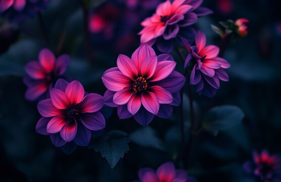 A vibrant and colorful photograph of pink and purple dahlia flowers with dark green leaves in the background. The focus is on one flower that has multiple petals - Powered by Adobe