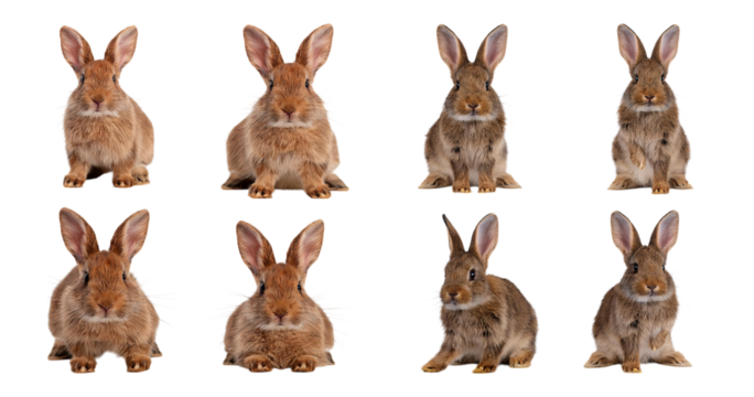 Cute Brown Rabbits Collection on Black Background for Stock Images, Bundle Set Collection, Isolated on Transparent Background
