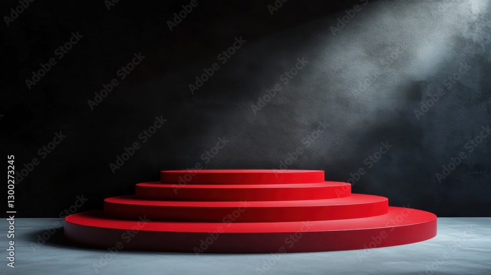 Poster a vibrant red circular stage featuring multiple steps, illuminated by soft lighting in a dark room. 