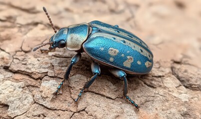 Fototapeta premium Vibrant Blue and Gray Beetle on Brown Bark