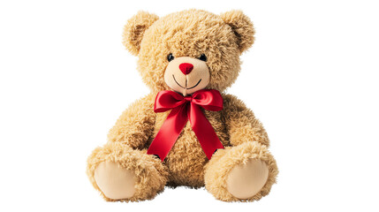 Obraz premium Cute teddy bear with a red ribbon, soft and cuddly.