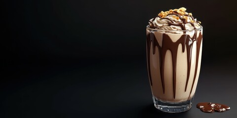 Delicious chocolate milkshake topped with whipped cream and chocolate syrup served in a tall glass