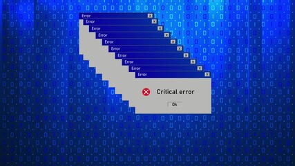  Animation Errors are popping up old computer. Cyber security attack on blue technology background
