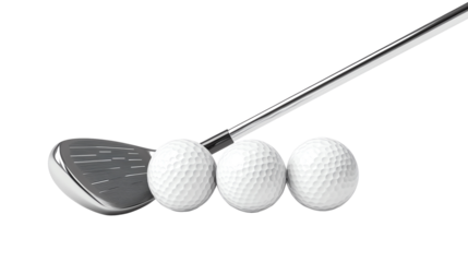 Golf club and three white golf balls.