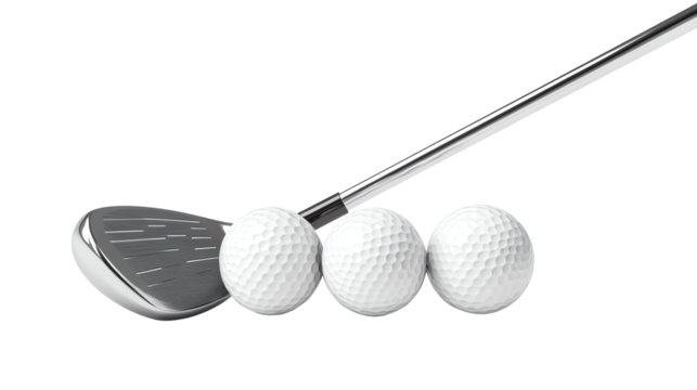 Golf club and three white golf balls.