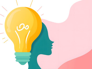 vibrant cartoon light bulb emitting warm glow, symbolizing creativity and ideas, positioned above stylized silhouette of woman head