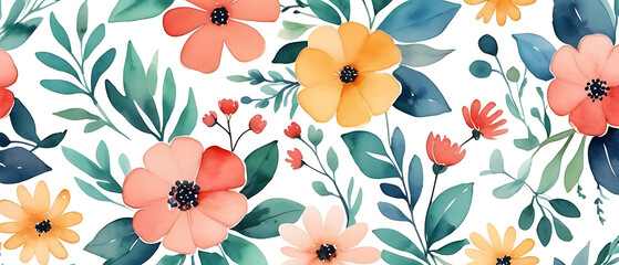 Watercolor Floral Pattern with Colorful Spring Flowers and Green Leaves