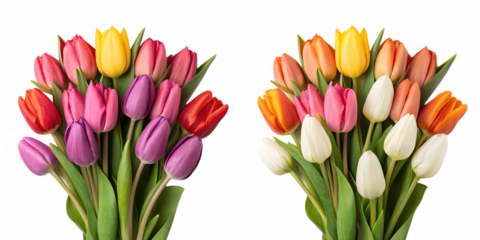 Two Different Style Colorful Tulip Blossoms on White, Vibrant Tulips, Fresh Tulip Flowers, PNG Transparent