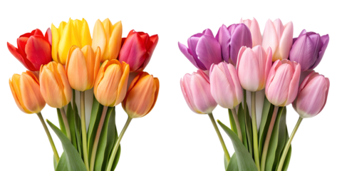 Two Different Style Colorful Tulip Blossoms on White, Bright Tulips, Fresh Spring Flowers, PNG Transparent
